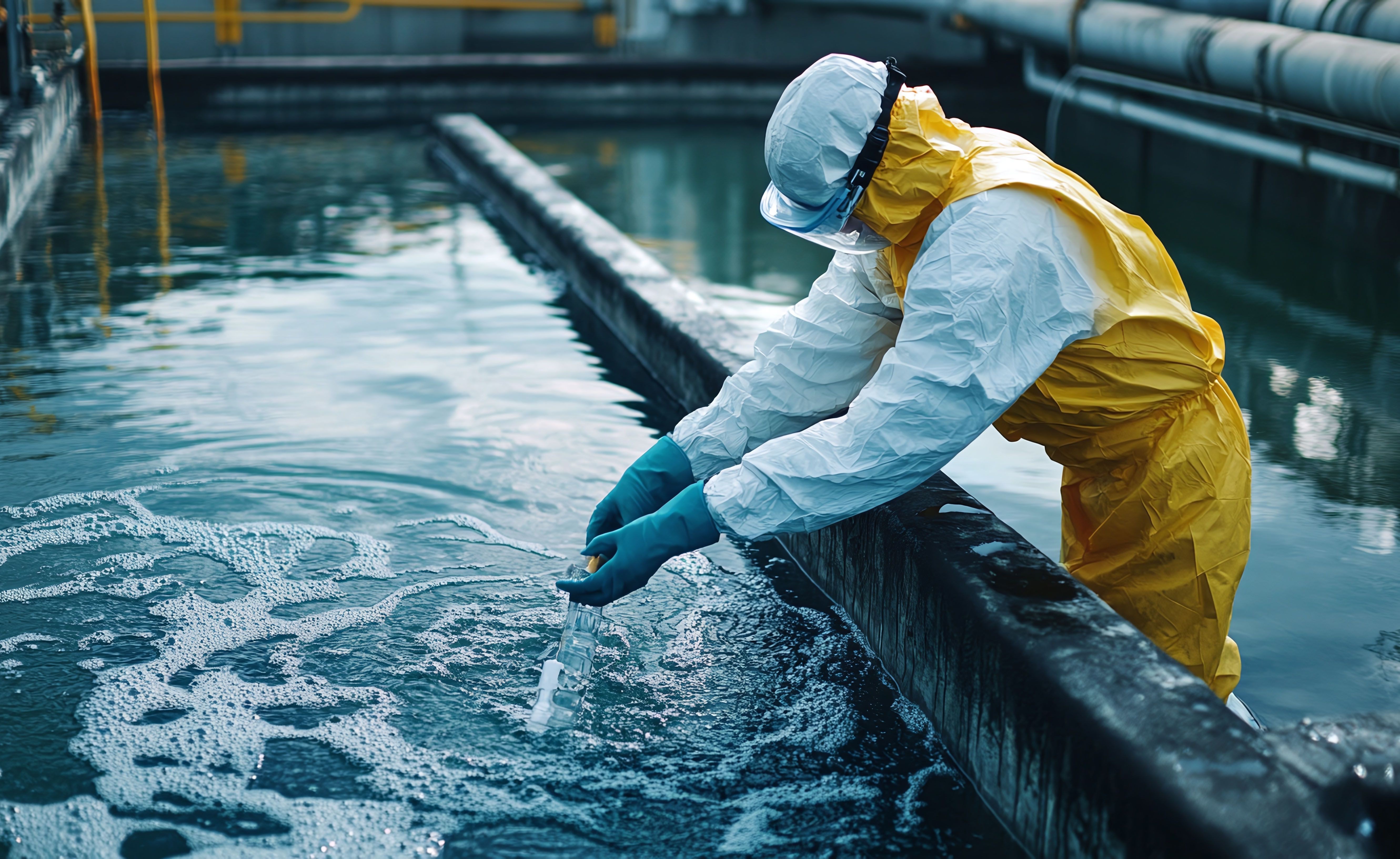 Umwelttechnologe für Wasserversorgung entnimmt Wasserprobe in Schutzkleidung in einem Wasserwerk.